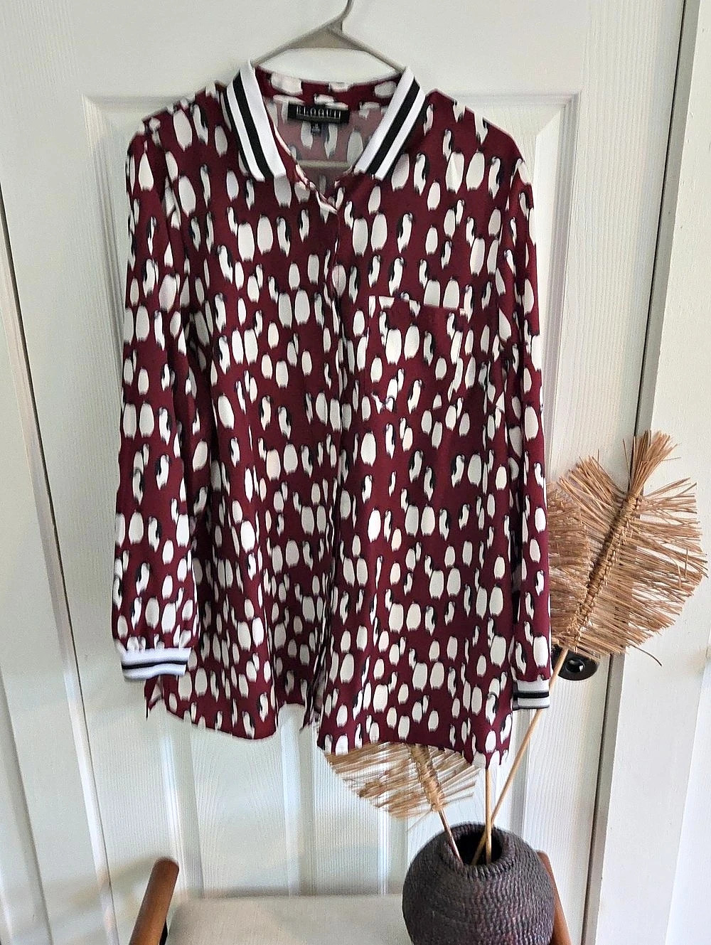 ELOQUII Penguin Print Button Down Tunic Blouse in Red & White